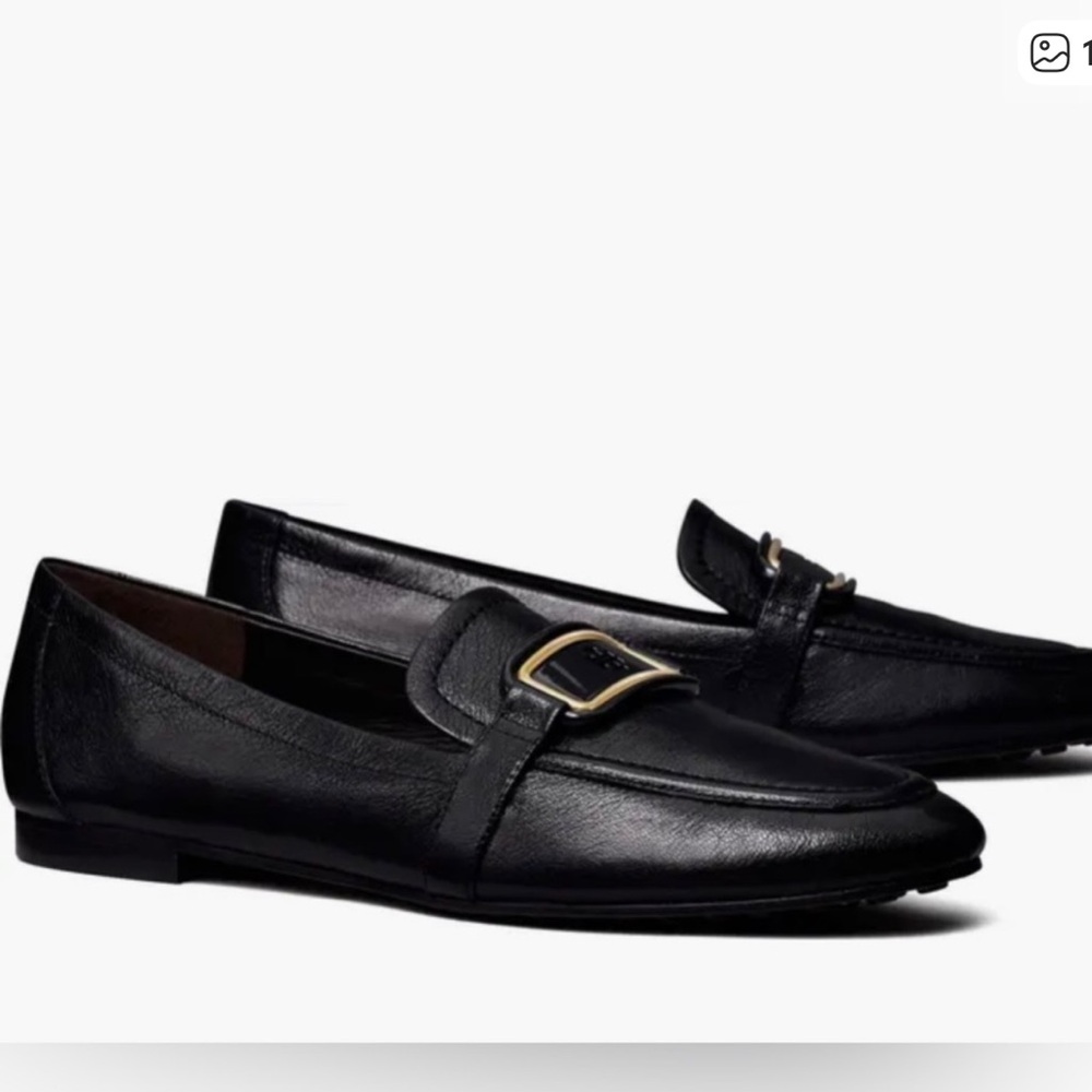 Tory Burch Black Leather Gold Buckle Loafers